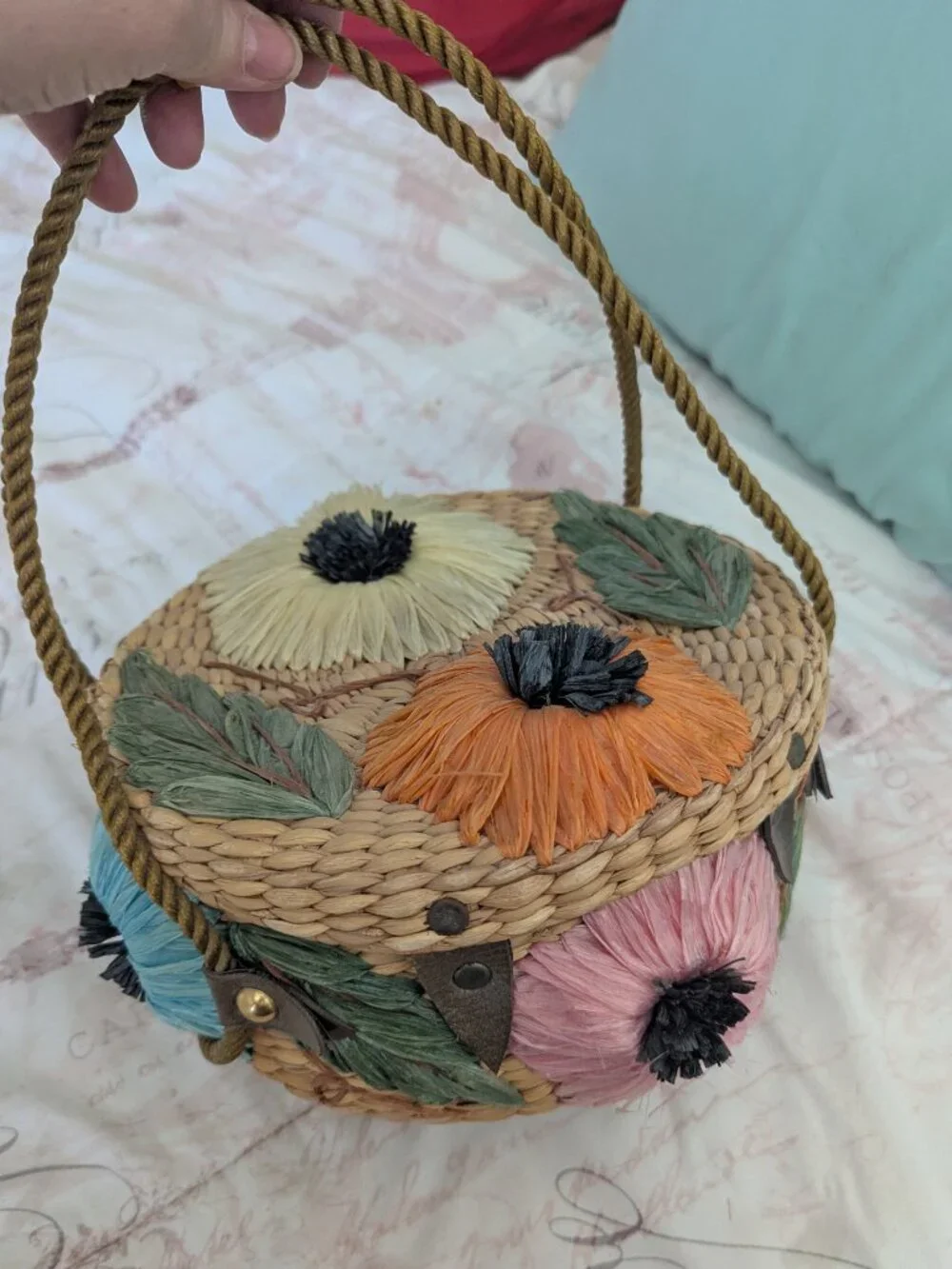 Vintage Floral Wicker And Straw Purse By Ponces Creations Philippines, 50's-60's - Picture 15 of 15